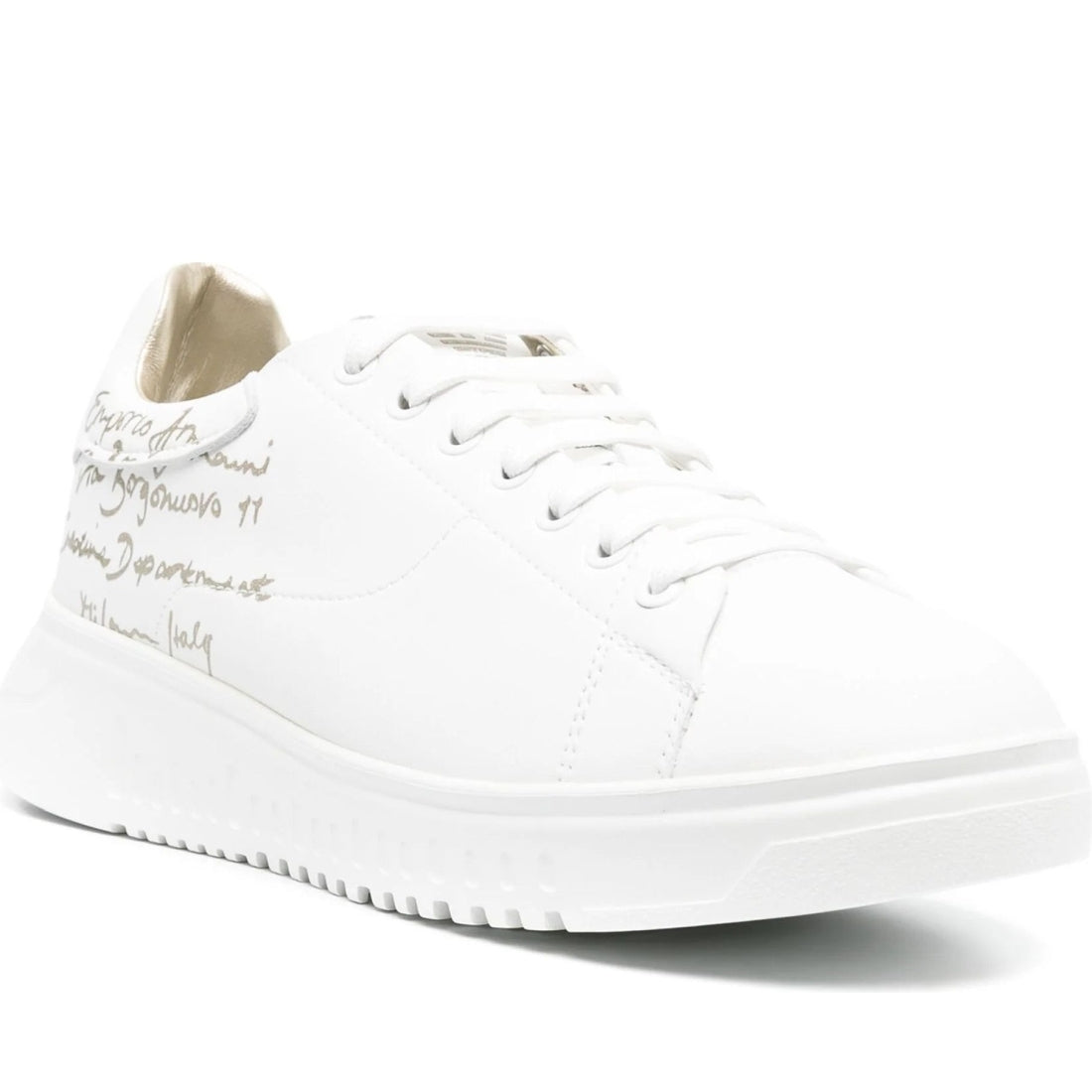 Emporio Armani womens white light gold casual closed sneaker | Vilbury London