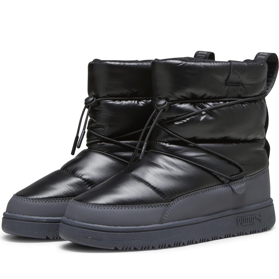 Puma womens black strong gray snowbae patent booties | Vilbury London