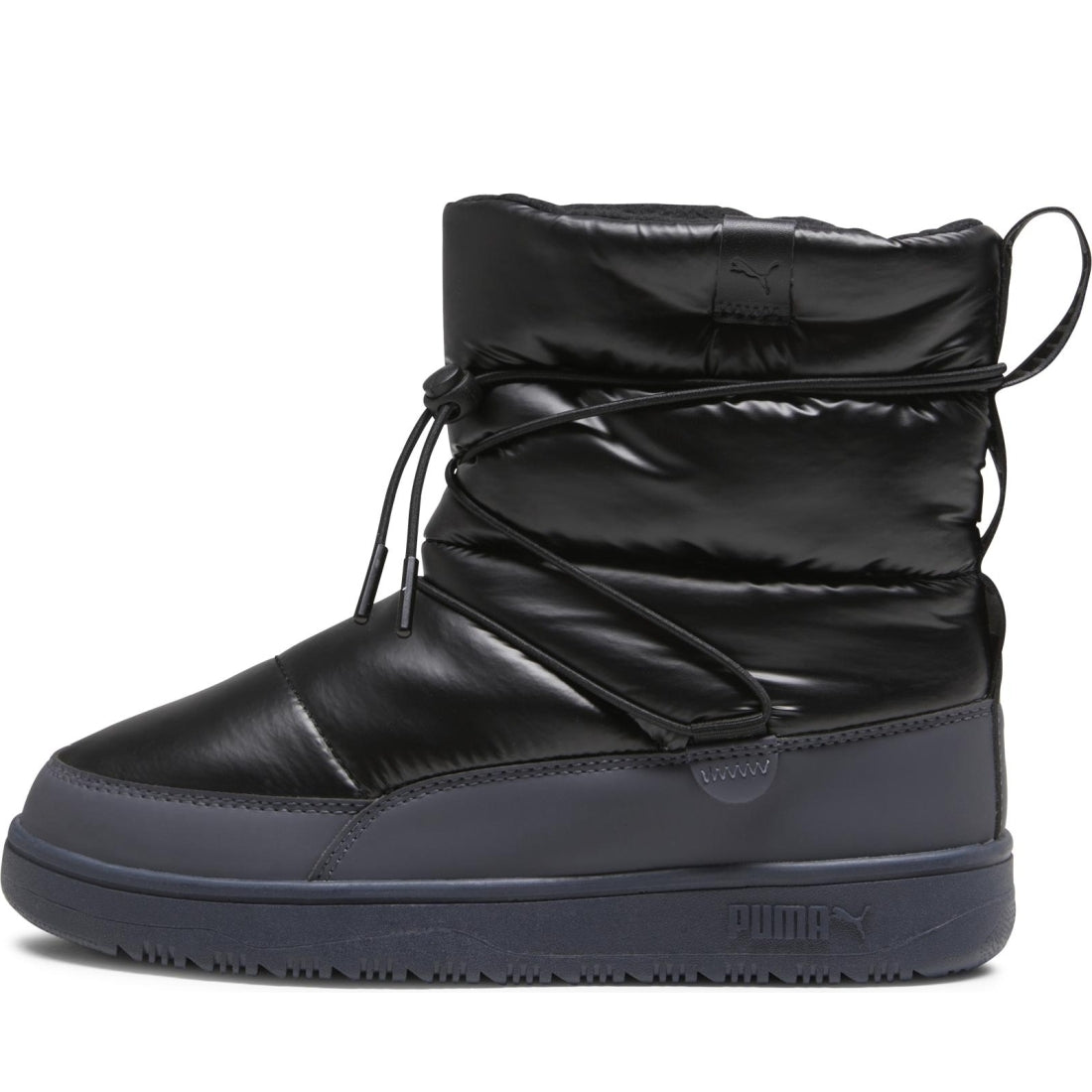 Puma womens black strong gray snowbae patent booties | Vilbury London