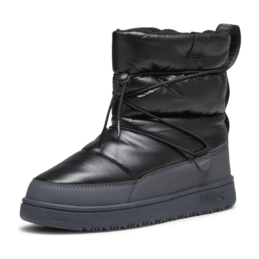 Puma womens black strong gray snowbae patent booties | Vilbury London