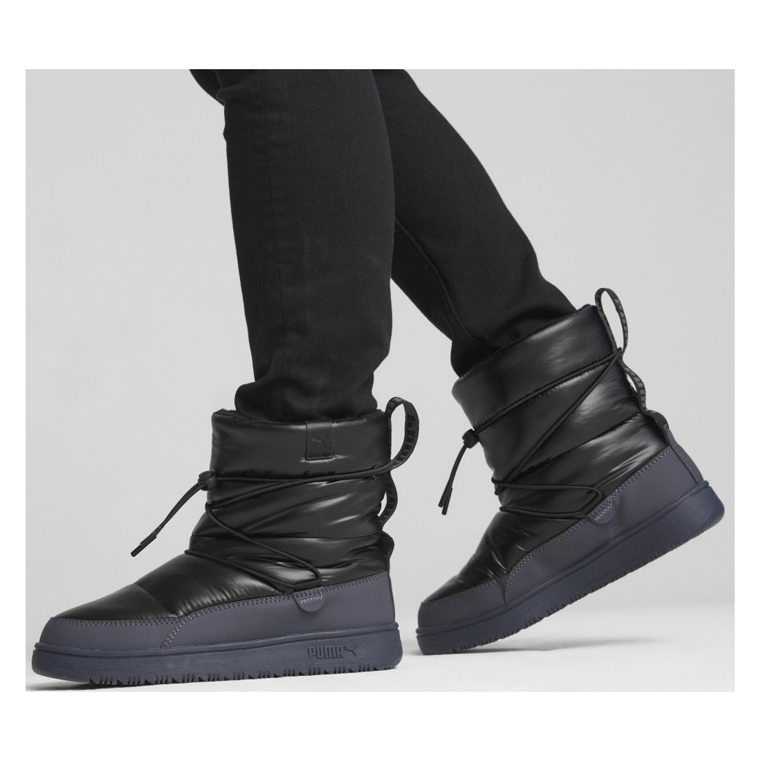 Puma womens black strong gray snowbae patent booties | Vilbury London