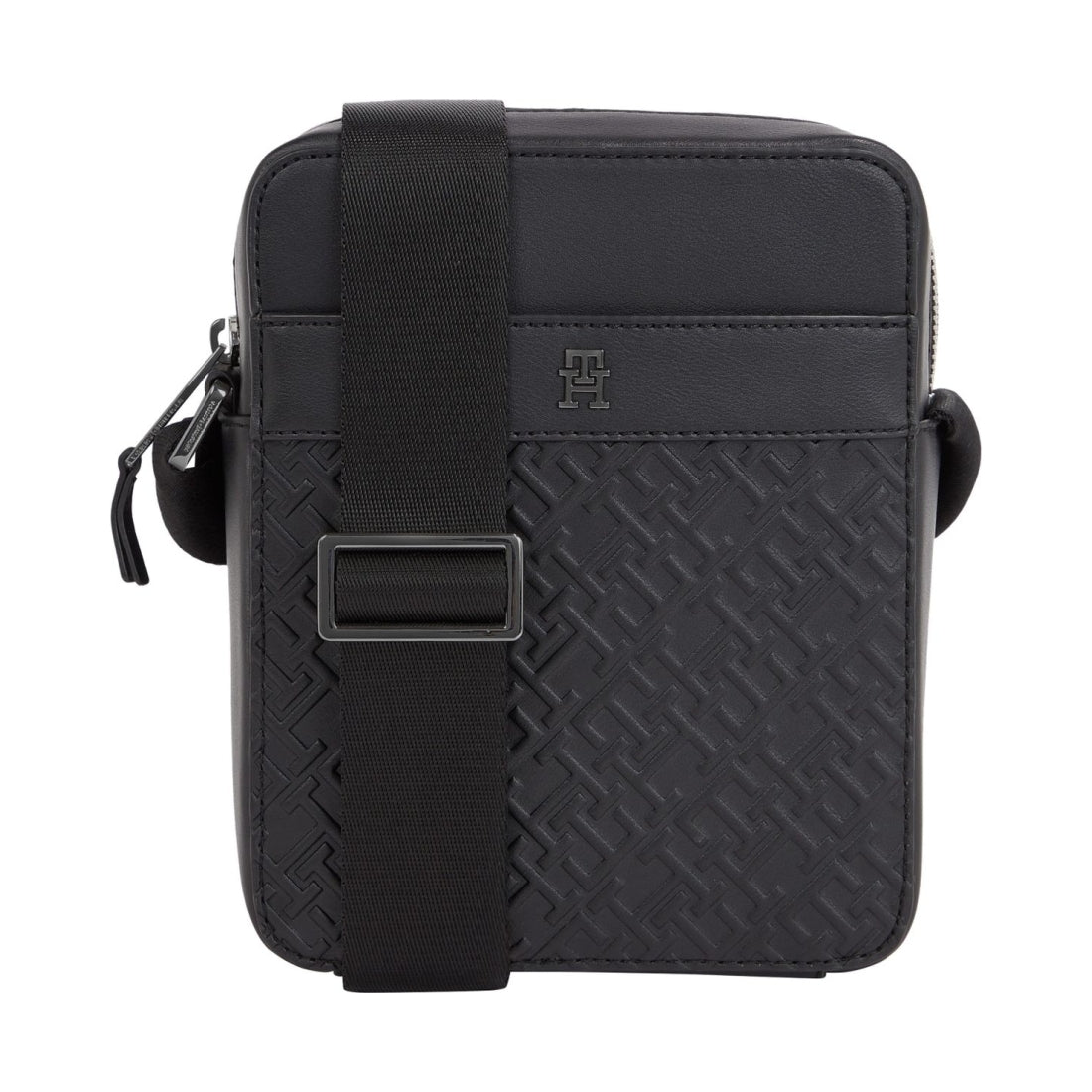 Tommy Hilfiger mens black monogram mini reporter | Vilbury London