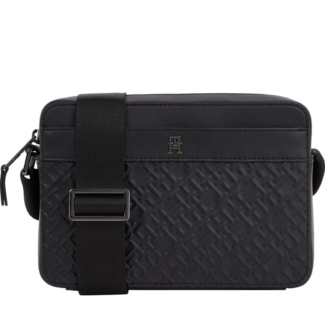 Tommy Hilfiger mens black monogram camera bag | Vilbury London