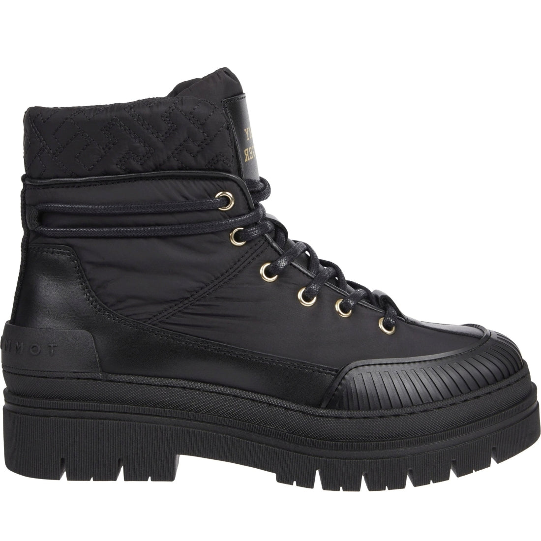 Tommy Hilfiger womens black monogram outdoor boot | Vilbury London