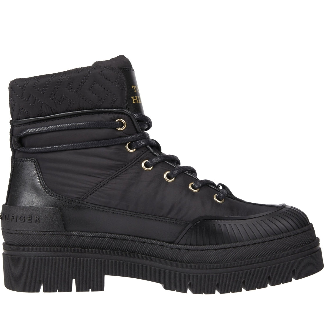 Tommy Hilfiger womens black monogram outdoor boot | Vilbury London