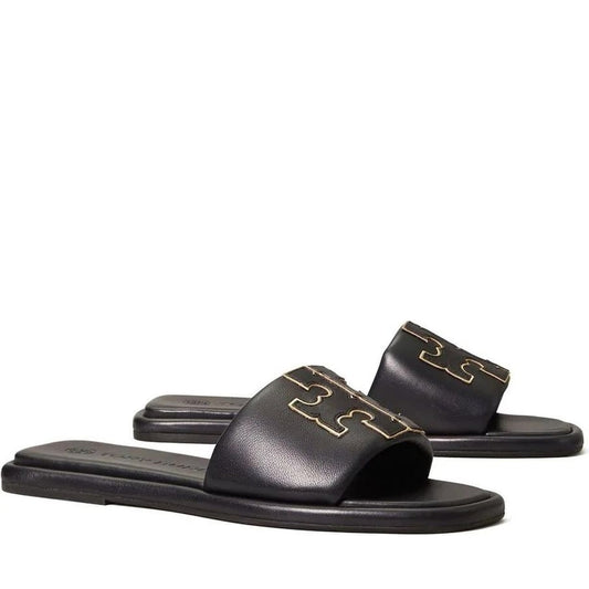 Tory Burch womens perfect black, gold double t sport slide | Vilbury London