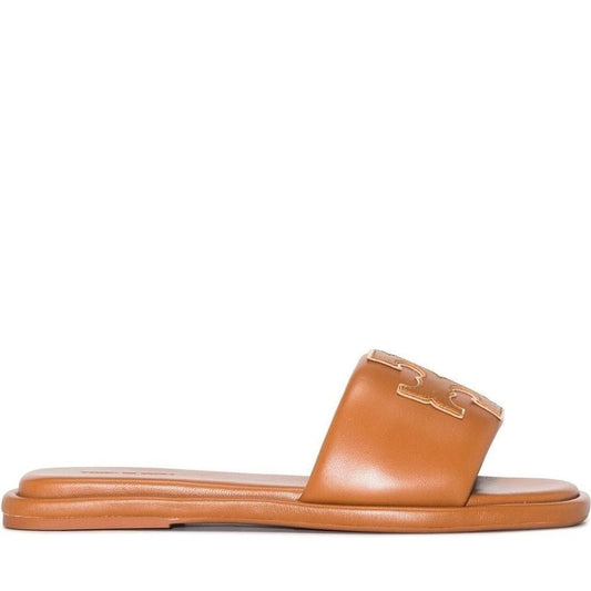 Tory Burch womens bourbon miele, gold double t sport slide | Vilbury London