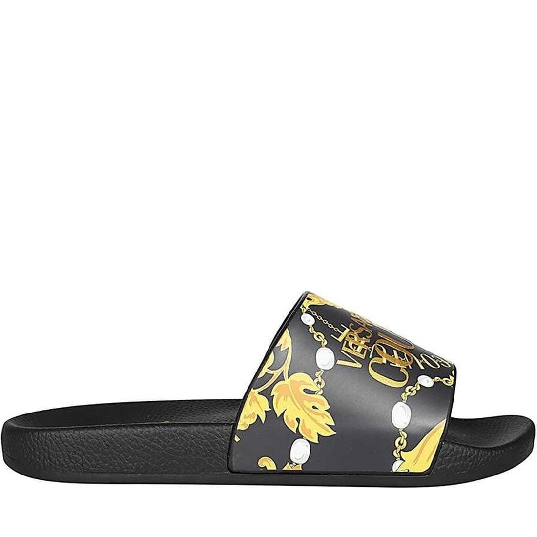 Versace Jeans Couture womens black, gold shelly pool pool slide | Vilbury London