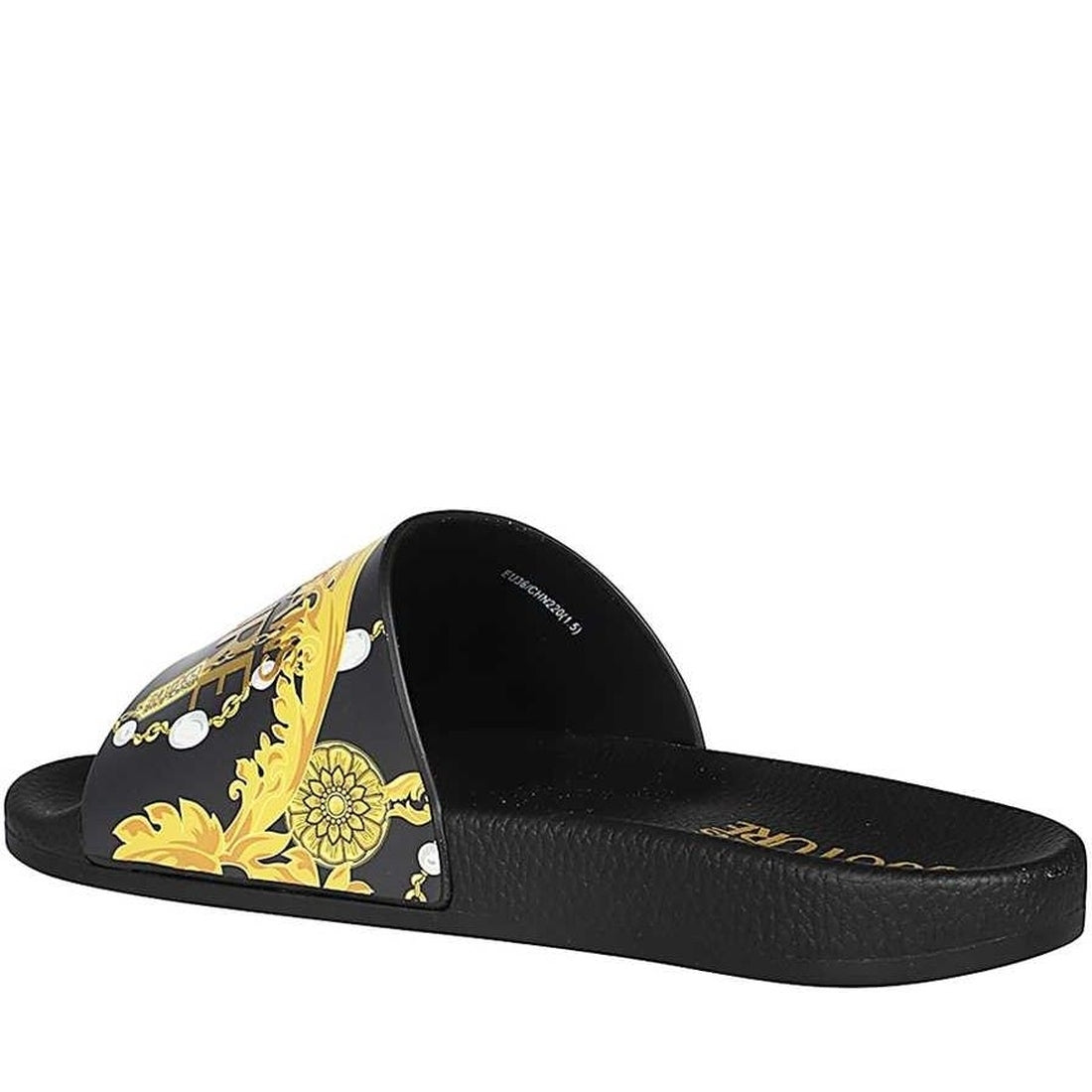 Versace Jeans Couture womens black, gold shelly pool pool slide | Vilbury London