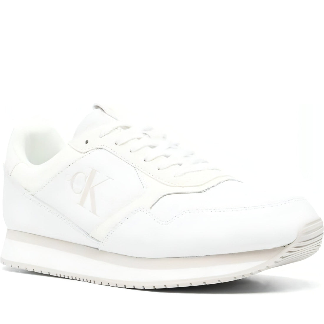 CALVIN KLEIN JEANS mens white, ivory retro lth-pu patch trainers | Vilbury London