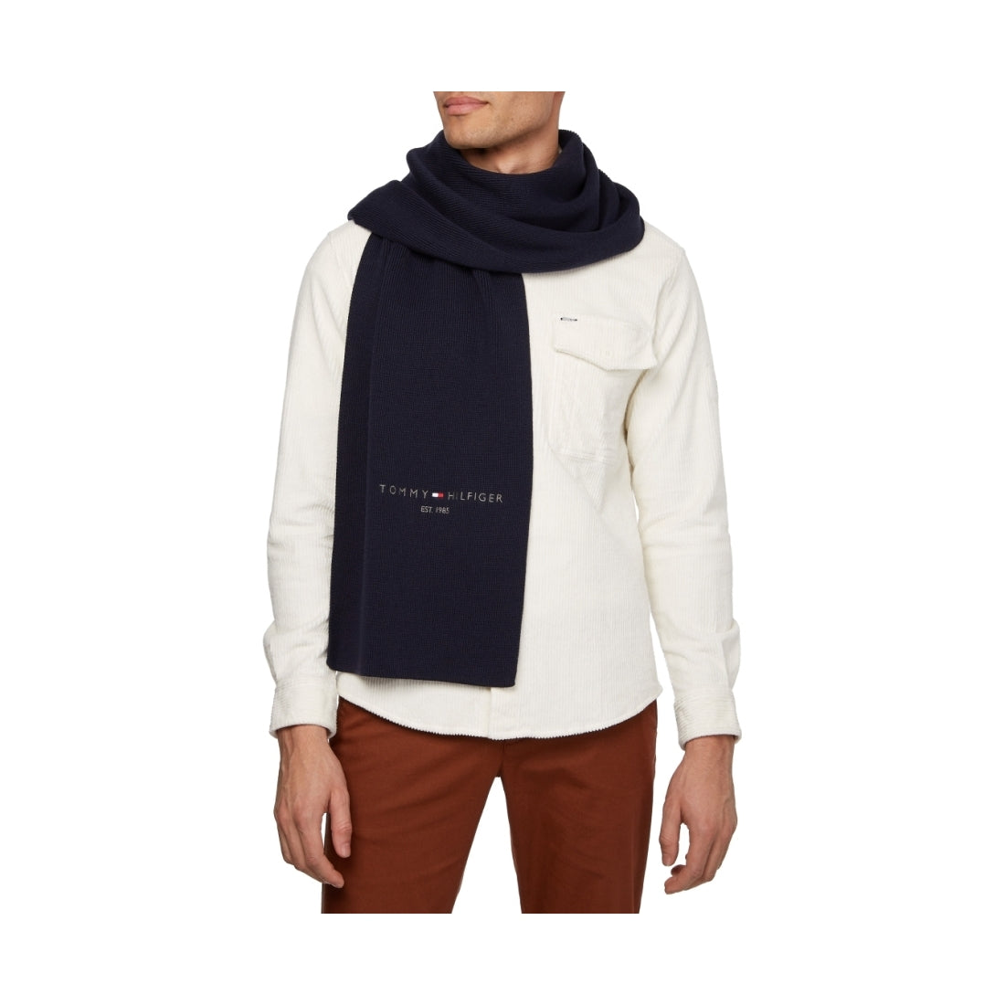 Tommy Hilfiger mens Space Blue horizon flat knit scarf | Vilbury London