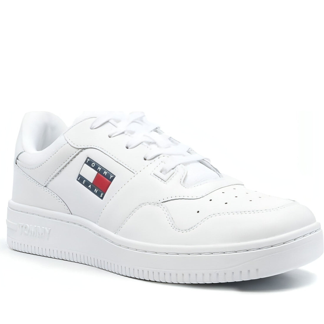 Tommy Jeans mens white jeans retro basket ess trainers | Vilbury London