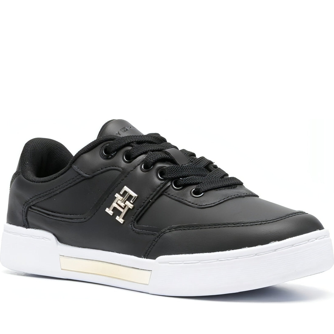 Tommy Hilfiger womens black, gold th prep court sneaker | Vilbury London