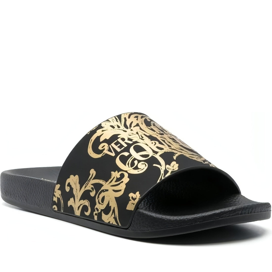 Versace Jeans Couture womens black, gold fondo shelly slippers | Vilbury London